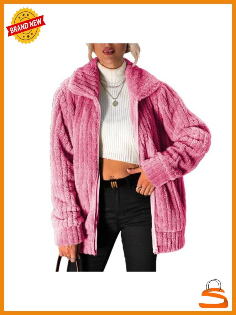 Women's Full Zip Fleece Jacket Long Sleeve Lapel Collar Sherpa Coat with Pockets